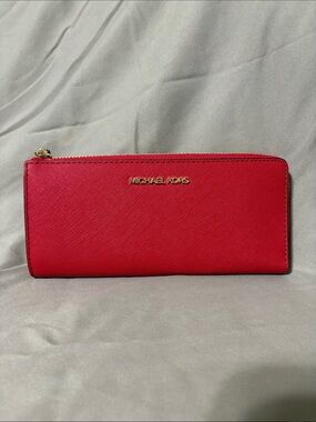 Michael Kors Red Saffiano Zip Wallet with Gold Logo